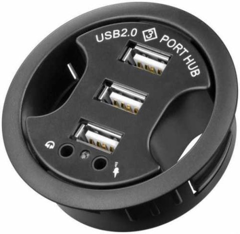 Hub USB 2.0 cu 3 porturi + audio, montabil in birou, negru Goobay